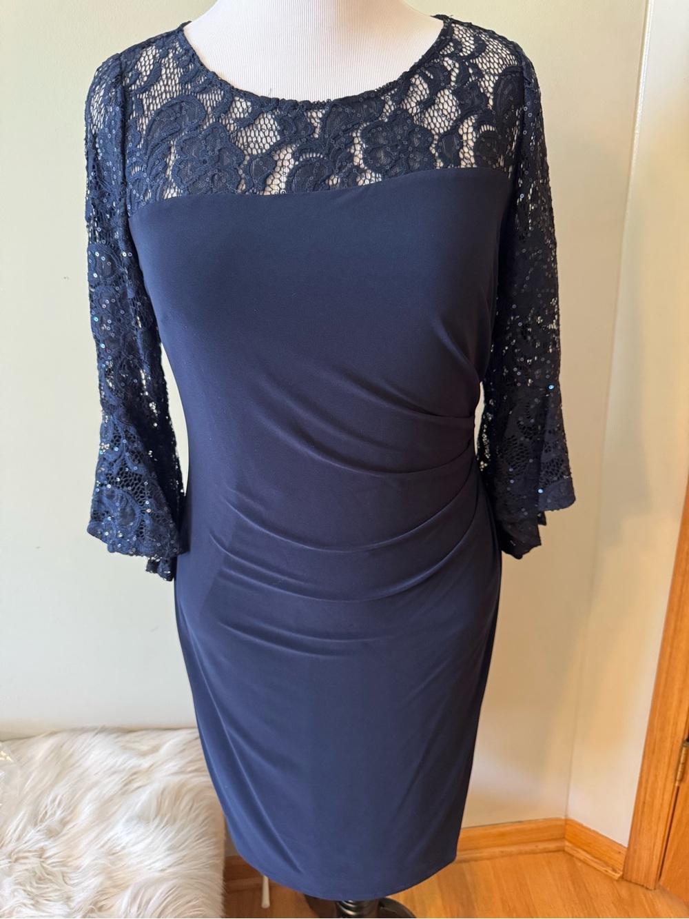 Adrianna Papell Navy Lace-Yoke Sheath Dress